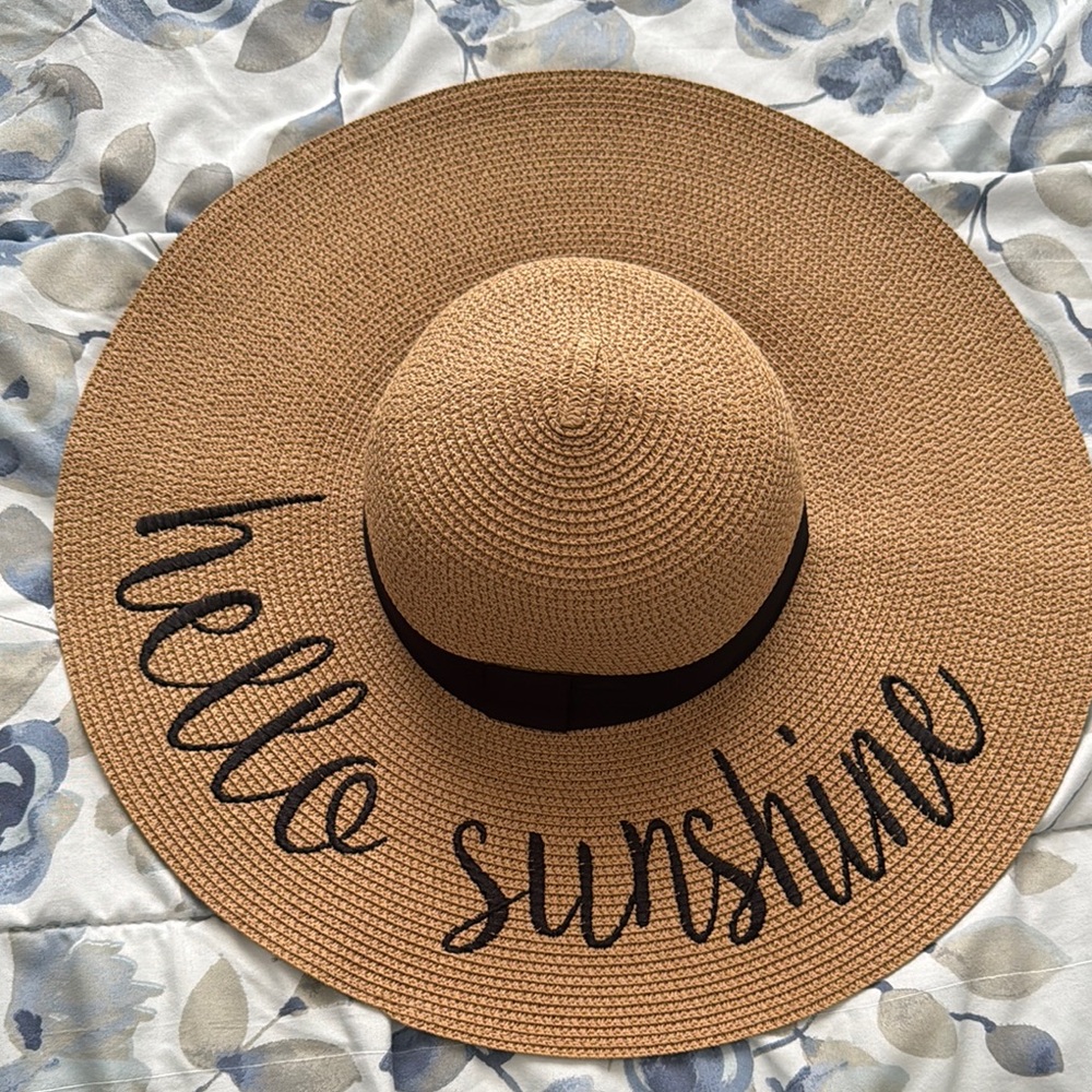 Trendy Boutique Tan Sun Hat with Black Script